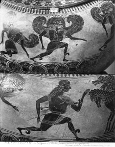 Dinos à figures noires attiques représentant Persée fuyant les Gorgones, vers 590 av. J.-C. (céramique)